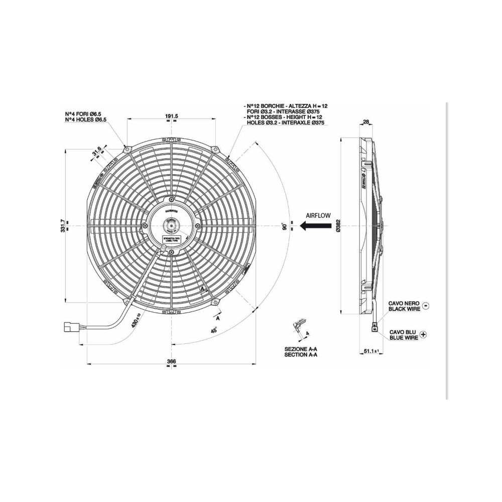 WENTYLATOR SPAL 350/382mm, PCHAJĄCY, 24V, VA08-BP10/C-23S