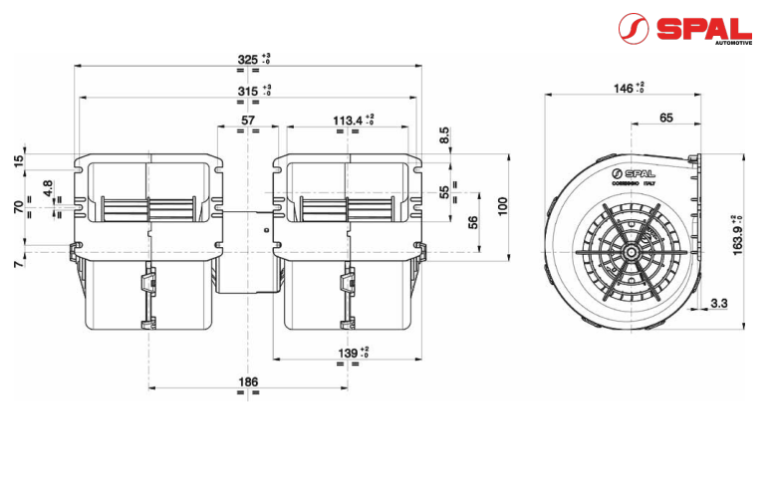 DMUCHAWA SPAL 009-B45-22, PODWÓJNA, 24V, 325x146x164mm